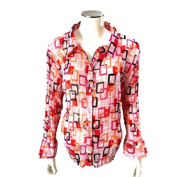 Essentials By Milano XL Pink Geometric Button Up Blouse Retro Cityworkcore - Picture 2 of 11